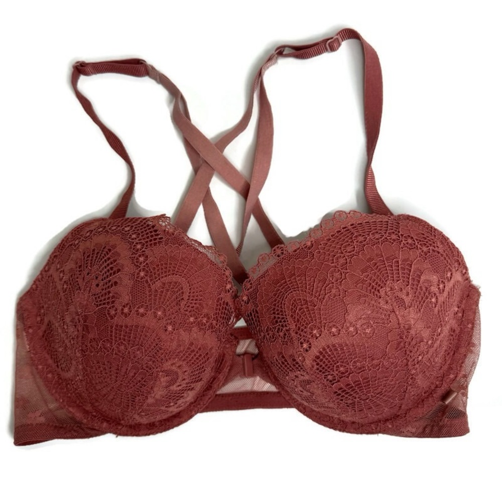 Victoria’s Secret Pink Mauve Demi Bra Criss Cross Straps Front Opening Size 34D